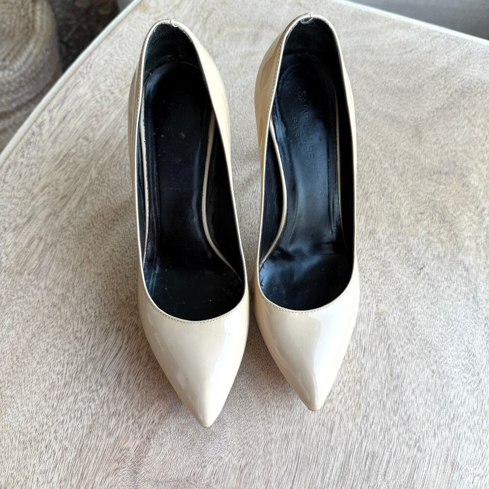 SAINT LAURENT Paris Platform Heels Nude Patent Leather Size 37.5 Italy Glam - Picture 10 of 12